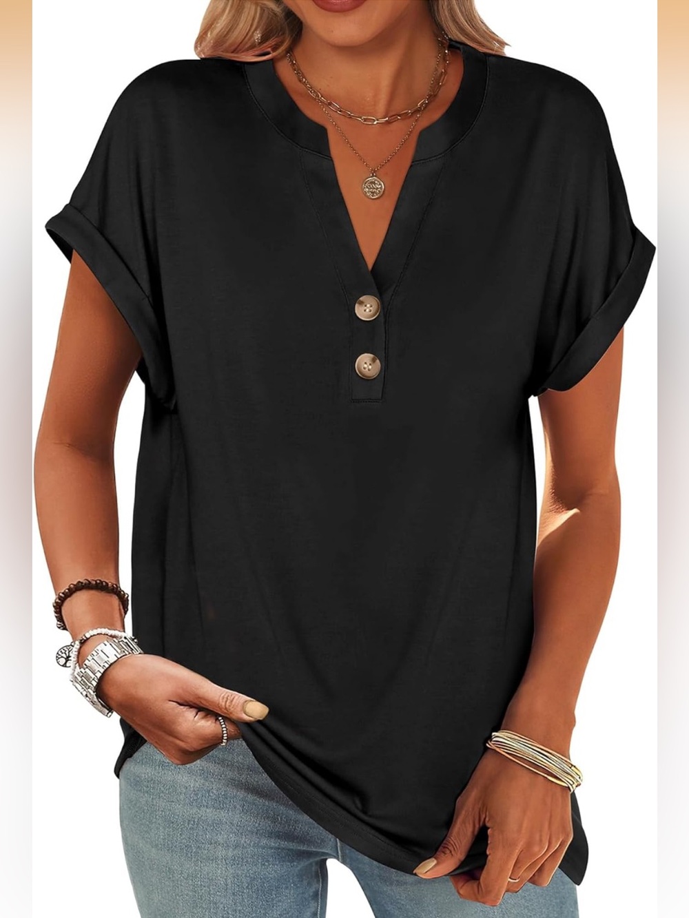 ANRABESS Short Sleeve Henley Top V Neck Dressy Casual Blouse Summer Vacation XXL